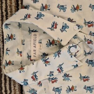 FAR AFIELD Beige‎ Green Blue Dancers Abstract Sz 1 Small Mens Short Sleeve Shirt